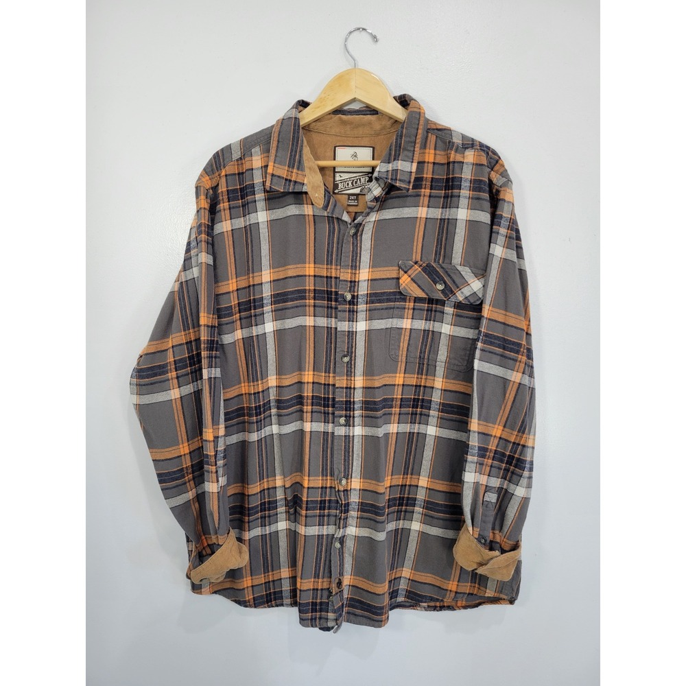 Legendary Whitetails Buck‎ Camp Flannel Shirt Mens 2XT Grey Orange Plaid Tall